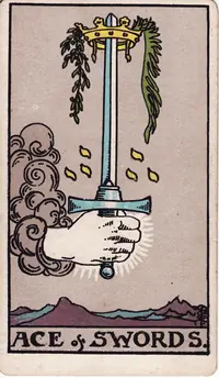 Ace of Swords tarot card from the classic deck, illustrated by Pamela Colman Smith in 1909
