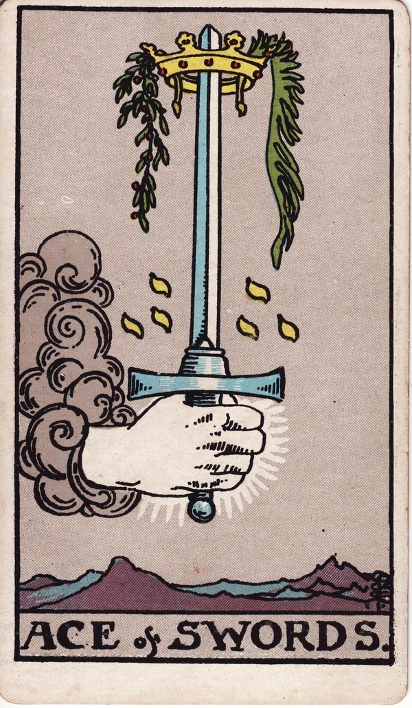 Ace of Swords tarot card from the classic deck, illustrated by Pamela Colman Smith in 1909