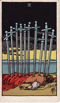 Ten of Swords tarot card from the classic deck, illustrated by Pamela Colman Smith in 1909