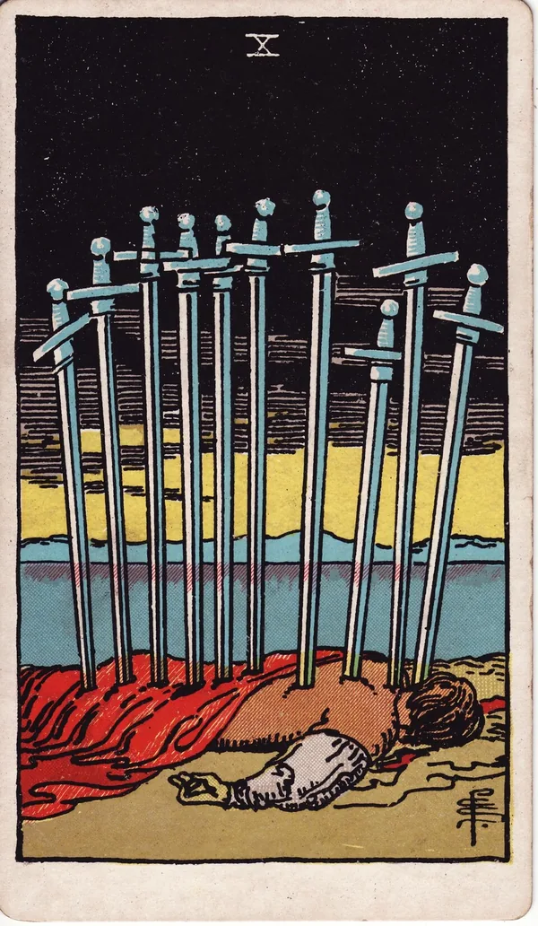 Ten of Swords tarot card from the classic deck, illustrated by Pamela Colman Smith in 1909