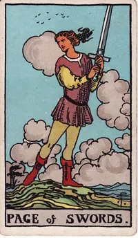Page of Swords tarot card from the classic deck, illustrated by Pamela Colman Smith in 1909