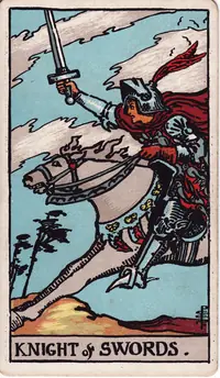 Knight of Swords tarot card from the classic deck, illustrated by Pamela Colman Smith in 1909