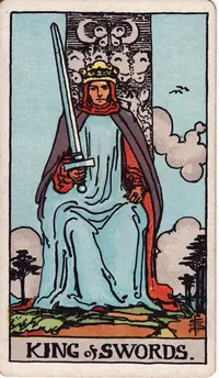 King of Swords tarot card from the classic deck, illustrated by Pamela Colman Smith in 1909