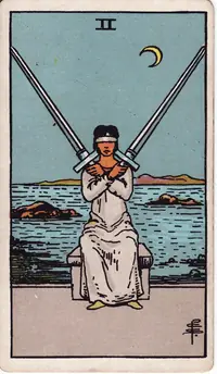 Two of Swords tarot card from the classic deck, illustrated by Pamela Colman Smith in 1909