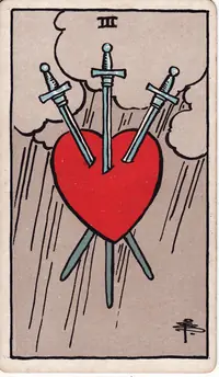 Three of Swords tarot card from the classic deck, illustrated by Pamela Colman Smith in 1909