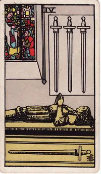 Four of Swords tarot card from the classic deck, illustrated by Pamela Colman Smith in 1909
