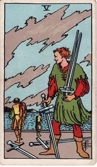 Five of Swords tarot card from the classic deck, illustrated by Pamela Colman Smith in 1909