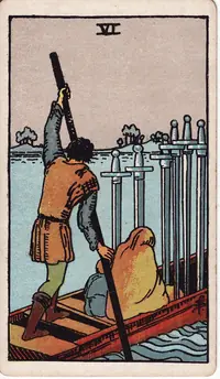 Six of Swords tarot card from the classic deck, illustrated by Pamela Colman Smith in 1909
