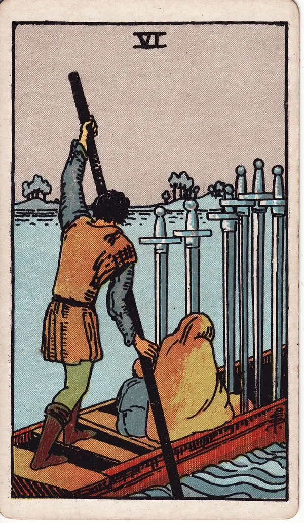Six of Swords tarot card from the classic deck, illustrated by Pamela Colman Smith in 1909