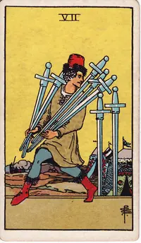 Seven of Swords tarot card from the classic deck, illustrated by Pamela Colman Smith in 1909
