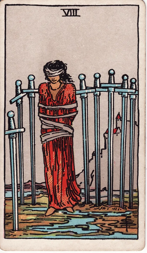 Eight of Swords tarot card from the classic deck, illustrated by Pamela Colman Smith in 1909