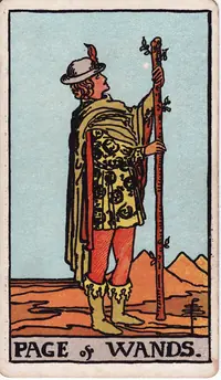Page of Wands tarot card from the classic deck, illustrated by Pamela Colman Smith in 1909