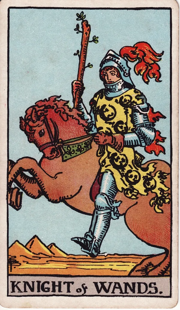 Knight of Wands tarot card from the classic deck, illustrated by Pamela Colman Smith in 1909