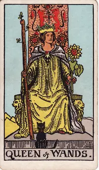 Queen of Wands tarot card from the classic deck, illustrated by Pamela Colman Smith in 1909