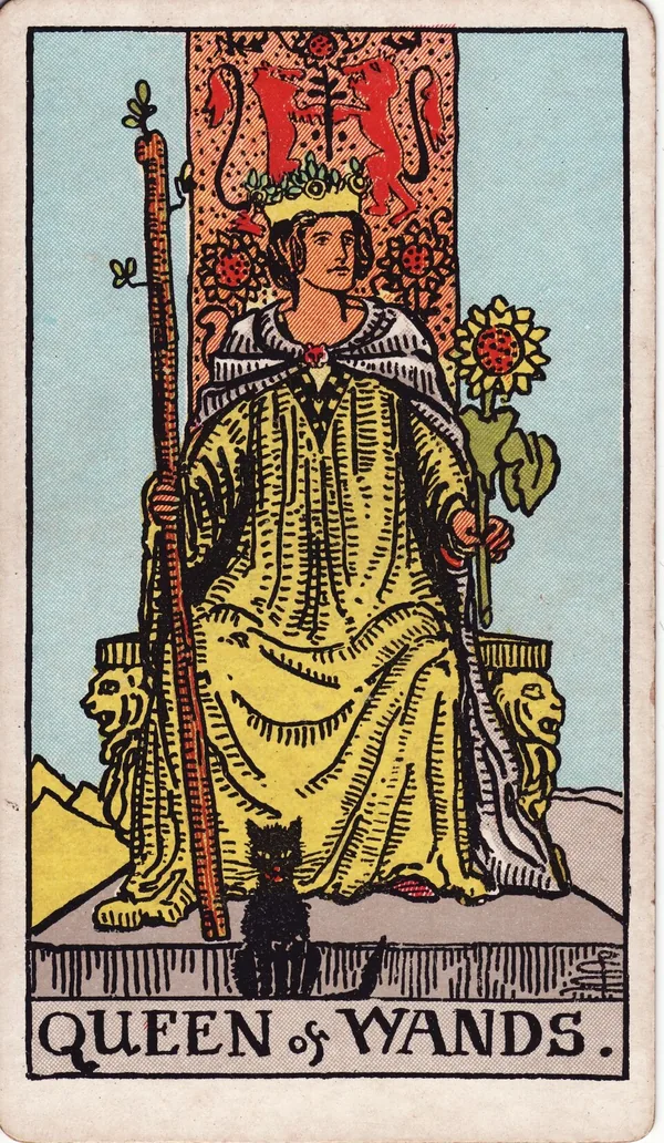Queen of Wands tarot card from the classic deck, illustrated by Pamela Colman Smith in 1909