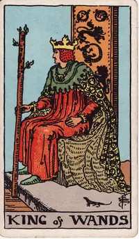 King of Wands tarot card from the classic deck, illustrated by Pamela Colman Smith in 1909