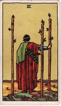 Three of Wands tarot card from the classic deck, illustrated by Pamela Colman Smith in 1909