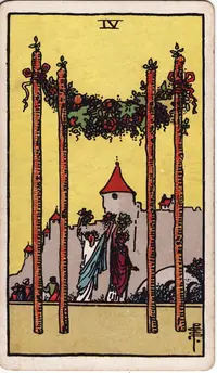 Four of Wands tarot card from the classic deck, illustrated by Pamela Colman Smith in 1909