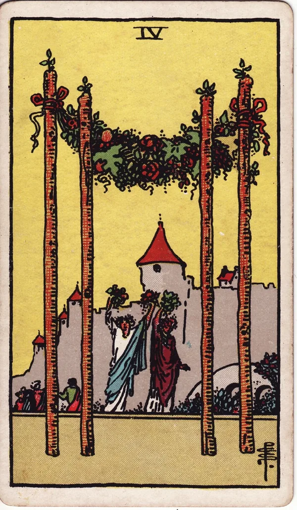 Four of Wands tarot card from the classic deck, illustrated by Pamela Colman Smith in 1909