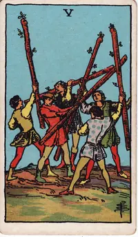 Five of Wands tarot card from the classic deck, illustrated by Pamela Colman Smith in 1909