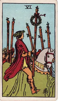Six of Wands tarot card from the classic deck, illustrated by Pamela Colman Smith in 1909