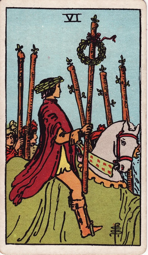 Six of Wands tarot card from the classic deck, illustrated by Pamela Colman Smith in 1909