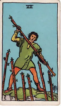 Seven of Wands tarot card from the classic deck, illustrated by Pamela Colman Smith in 1909
