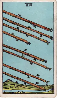 Eight of Wands tarot card from the classic deck, illustrated by Pamela Colman Smith in 1909
