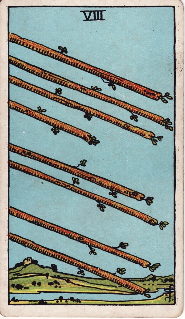 Eight of Wands tarot card from the classic deck, illustrated by Pamela Colman Smith in 1909