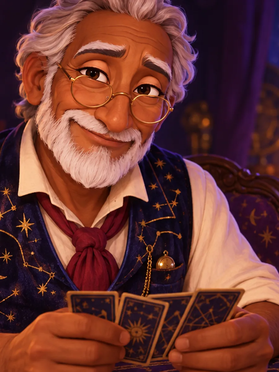 Barnaby, a white-bearded astronomer in round brass spectacles and a starry midnight-blue waistcoat, smiling over a fan of tarot cards.