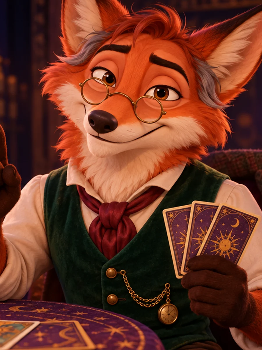 Professor Hollis, a red fox in round brass spectacles and a green velvet waistcoat, raising one finger over a fan of tarot cards.