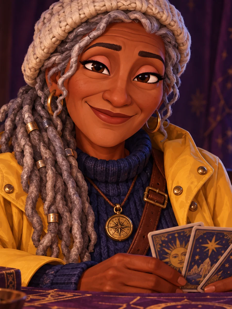 Captain Isadora, a woman with long silver locs under a cream knitted cap and a yellow oilskin coat, smiling over a fan of tarot cards.