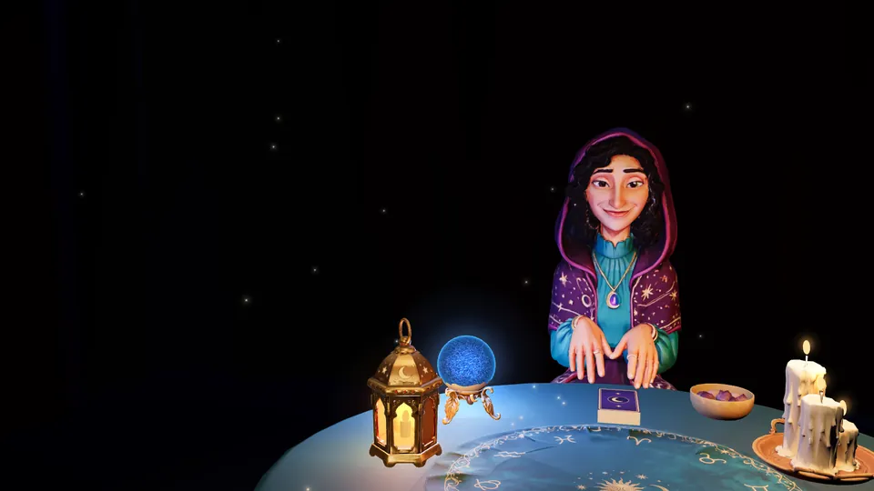 Esmé, a warm tarot reader in a plum hood, smiles across a candlelit table set with a brass lantern, a glowing crystal ball and a tarot deck.
