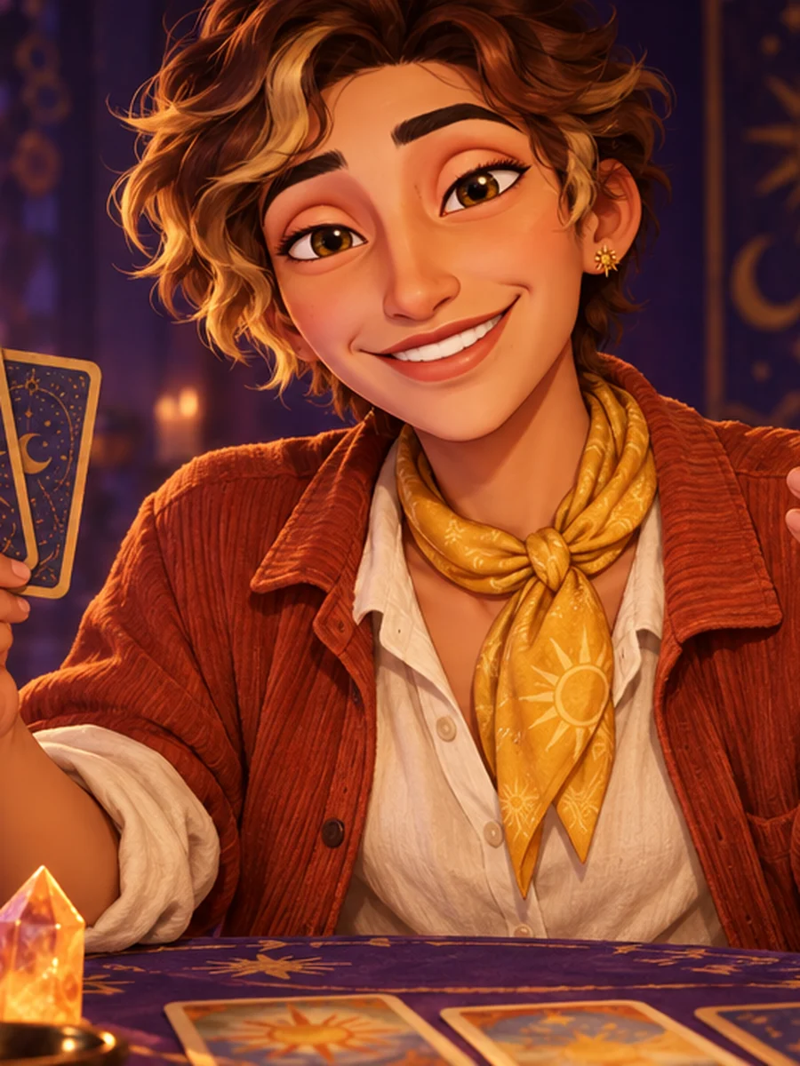 Sol, a young reader with curly honey-gold hair, a sun-gold scarf and a rust corduroy shirt, smiling and holding up a fan of tarot cards.