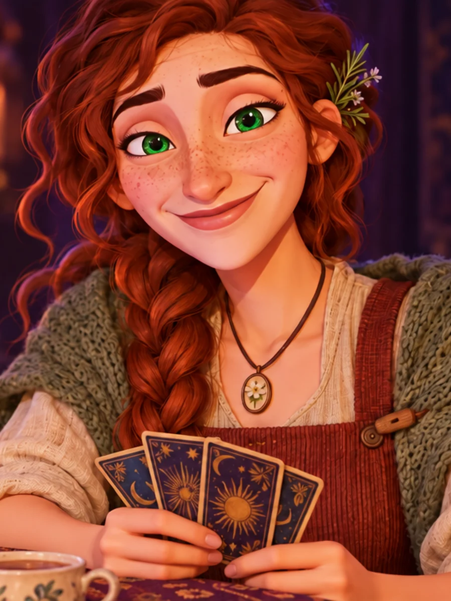 Wren, a freckled young woman with green eyes, a russet braid and a sprig of rosemary in her hair, smiling over a fan of tarot cards.